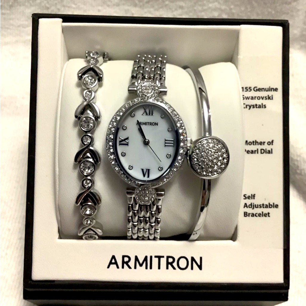 Women's Armitron Mother Of Pearl Dial Silver Watch And 2 Bracelets